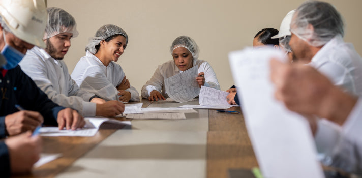 Working discussing at a table