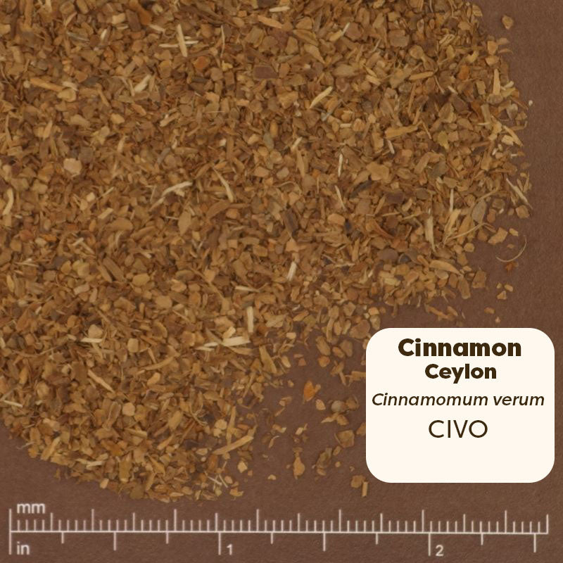 Cinnamon powder on a brown background with a label indicating 'Cinnamon Ceylon' and measurement scale. Scientific Name: Cinnamomum verum