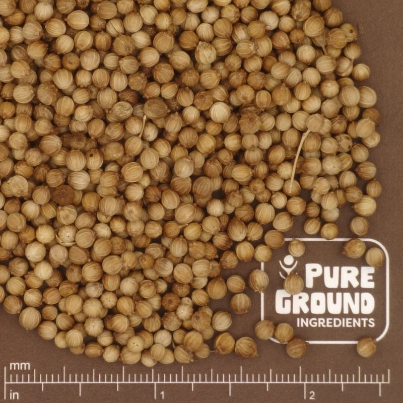 Close-up of coriander seeds with 'Pure Ground Ingredients' label and measurement scale.